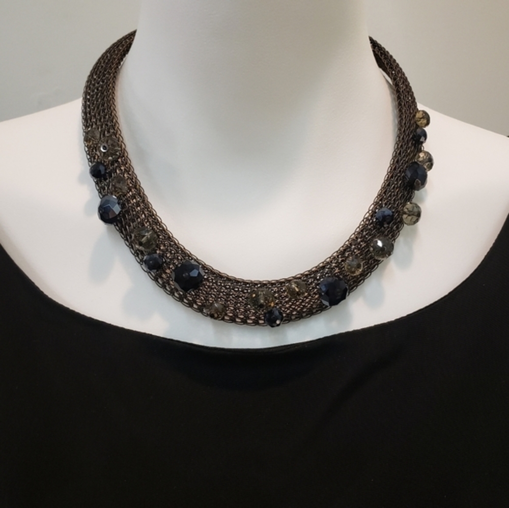 VINTAGE KIEN Modernist Antiqued Copper Brass Woven Wire Mesh Crystal Collar